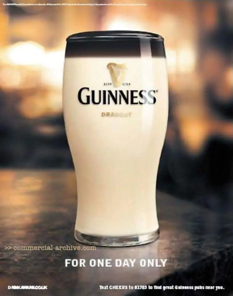 Guinness advert showing a colour-inverted pint with the slogan For One Day Only