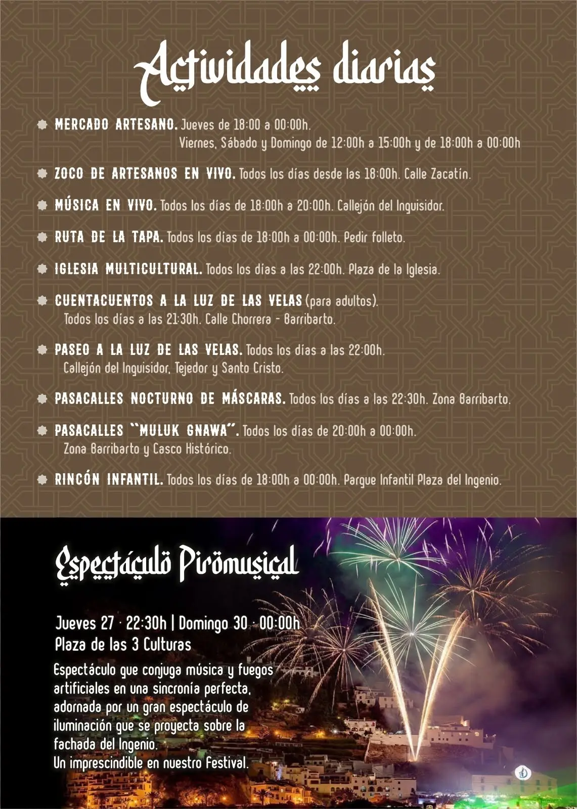 Actividades diarias y Espectáculo Piromusical