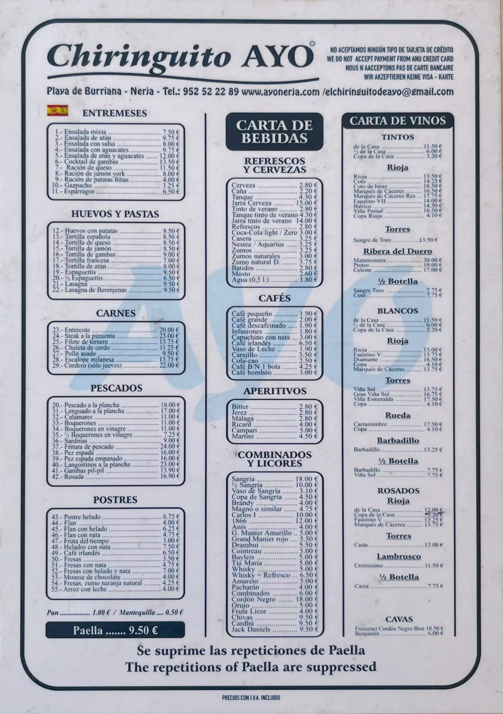 Carta (Español) de Chiringuito AYO en Nerja