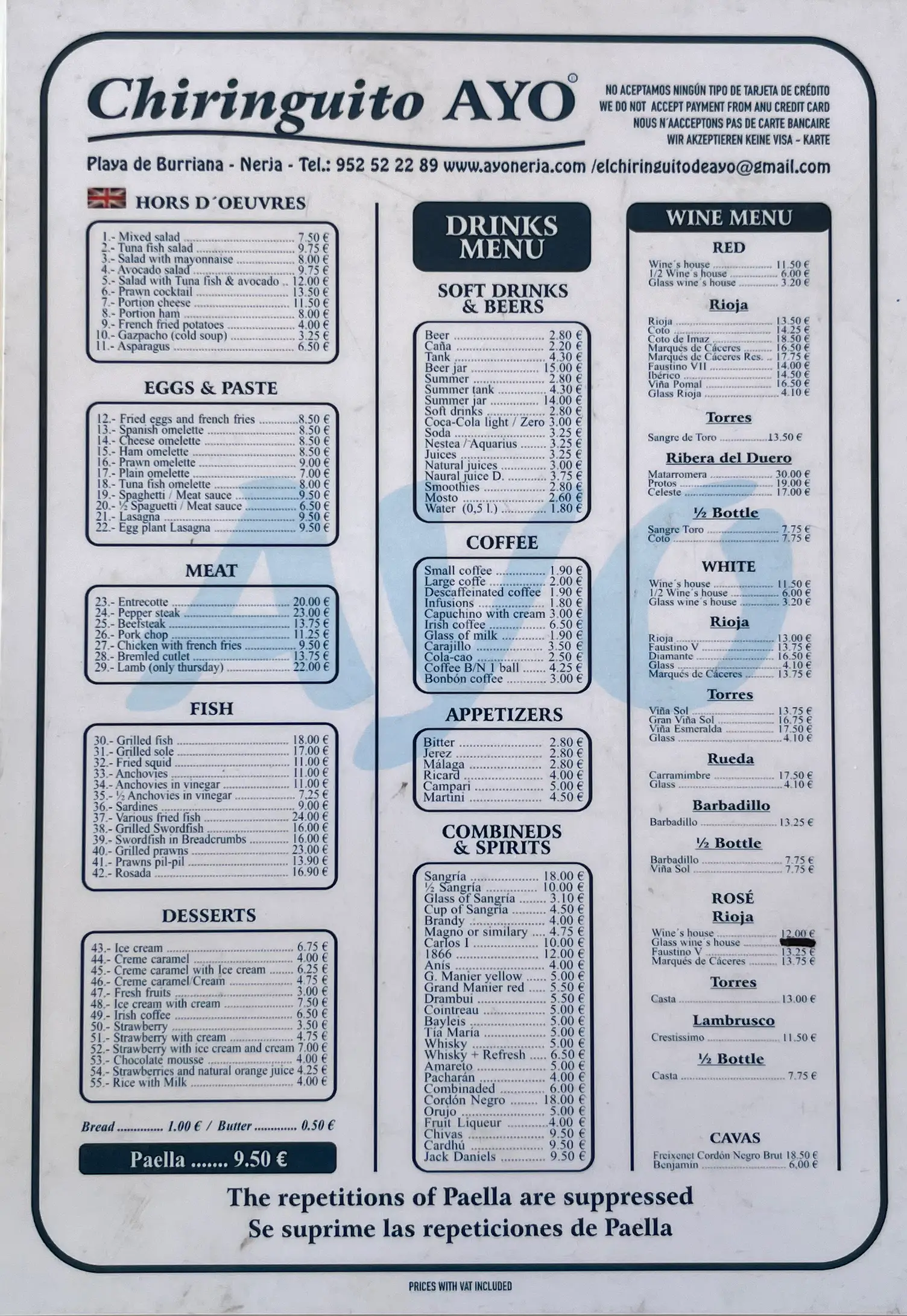 Menu (English) de Chiringuito AYO en Nerja