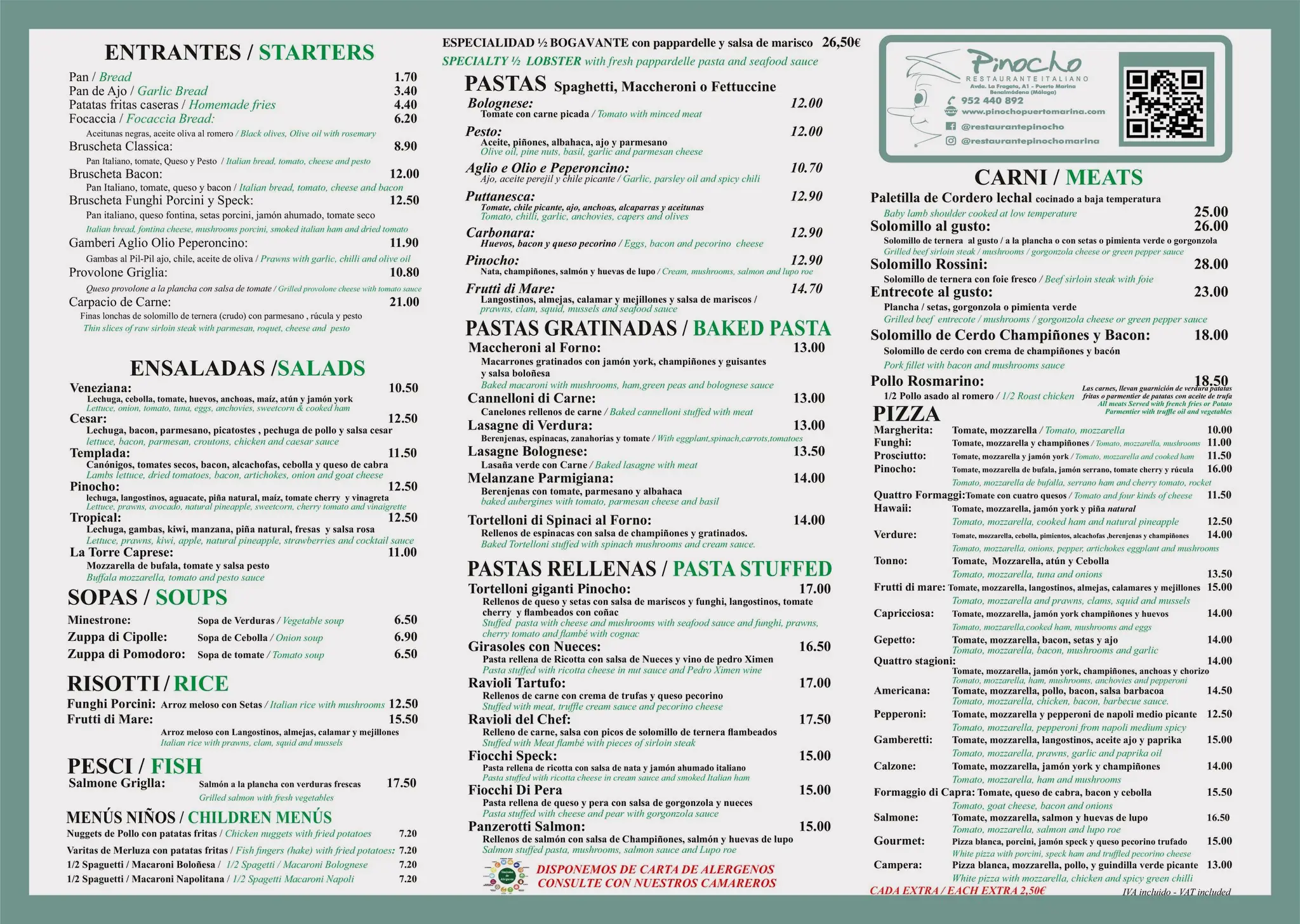 Carta de Pizzería Pinocchio en Nerja