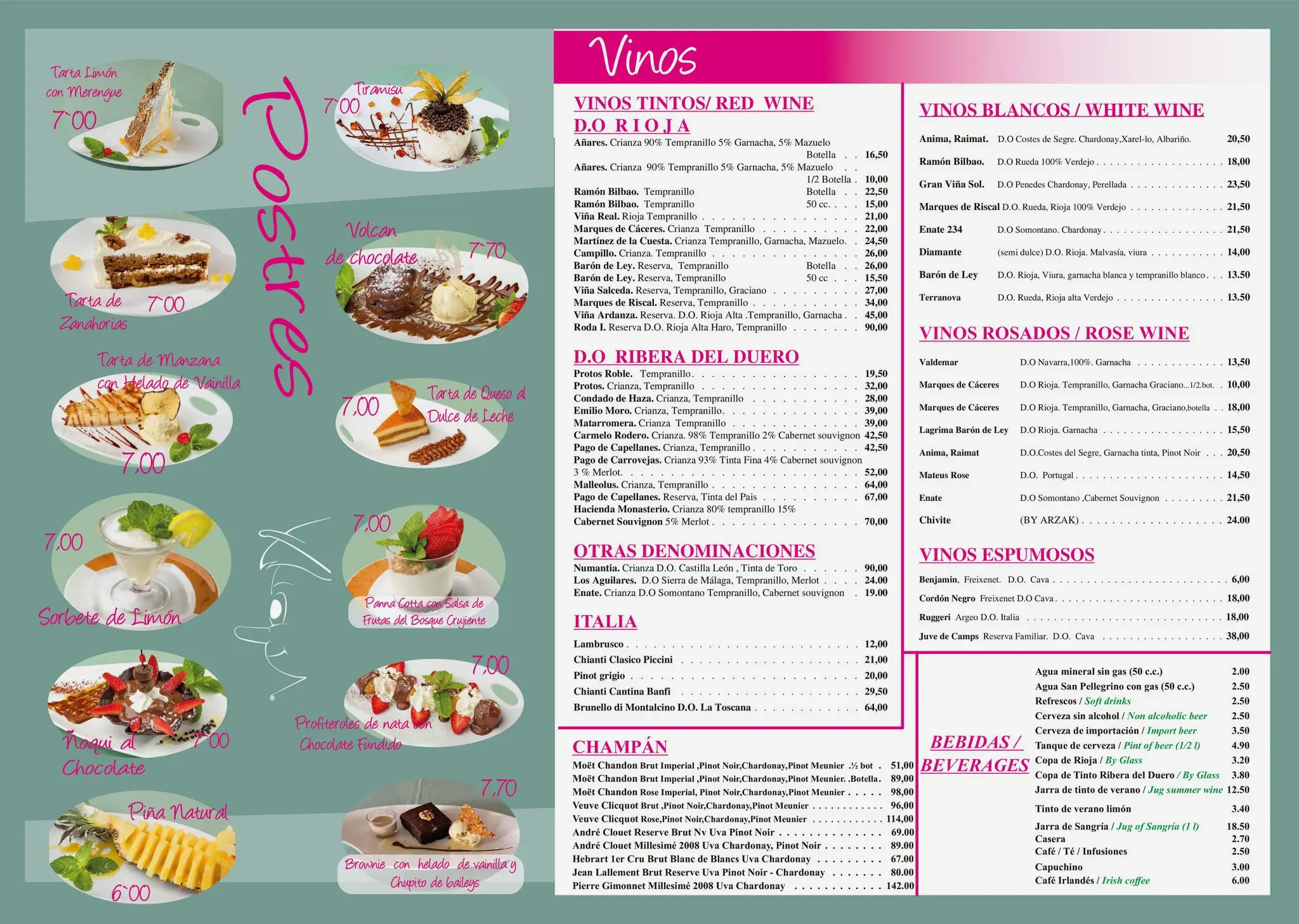 Carta de bebidas de Pizzería Pinocchio en Nerja