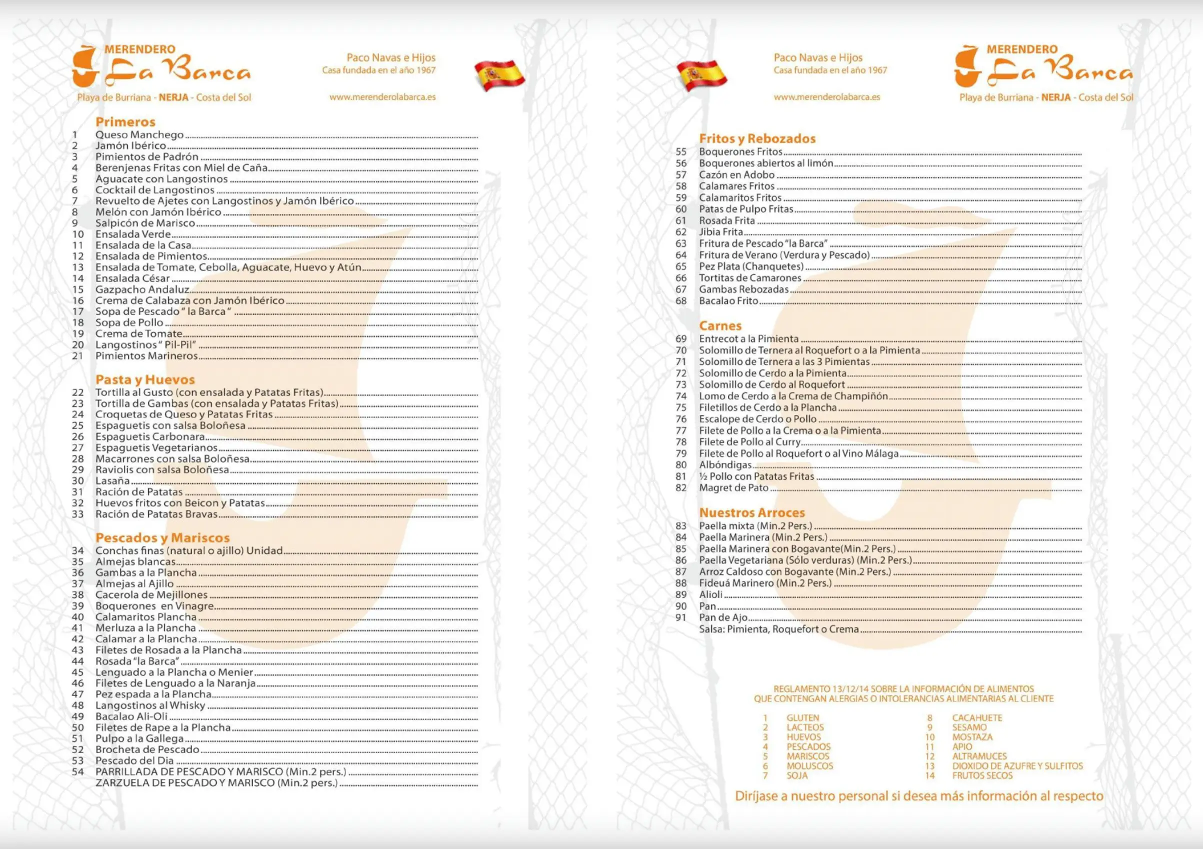 Carta de Merendero La Barca en Nerja
