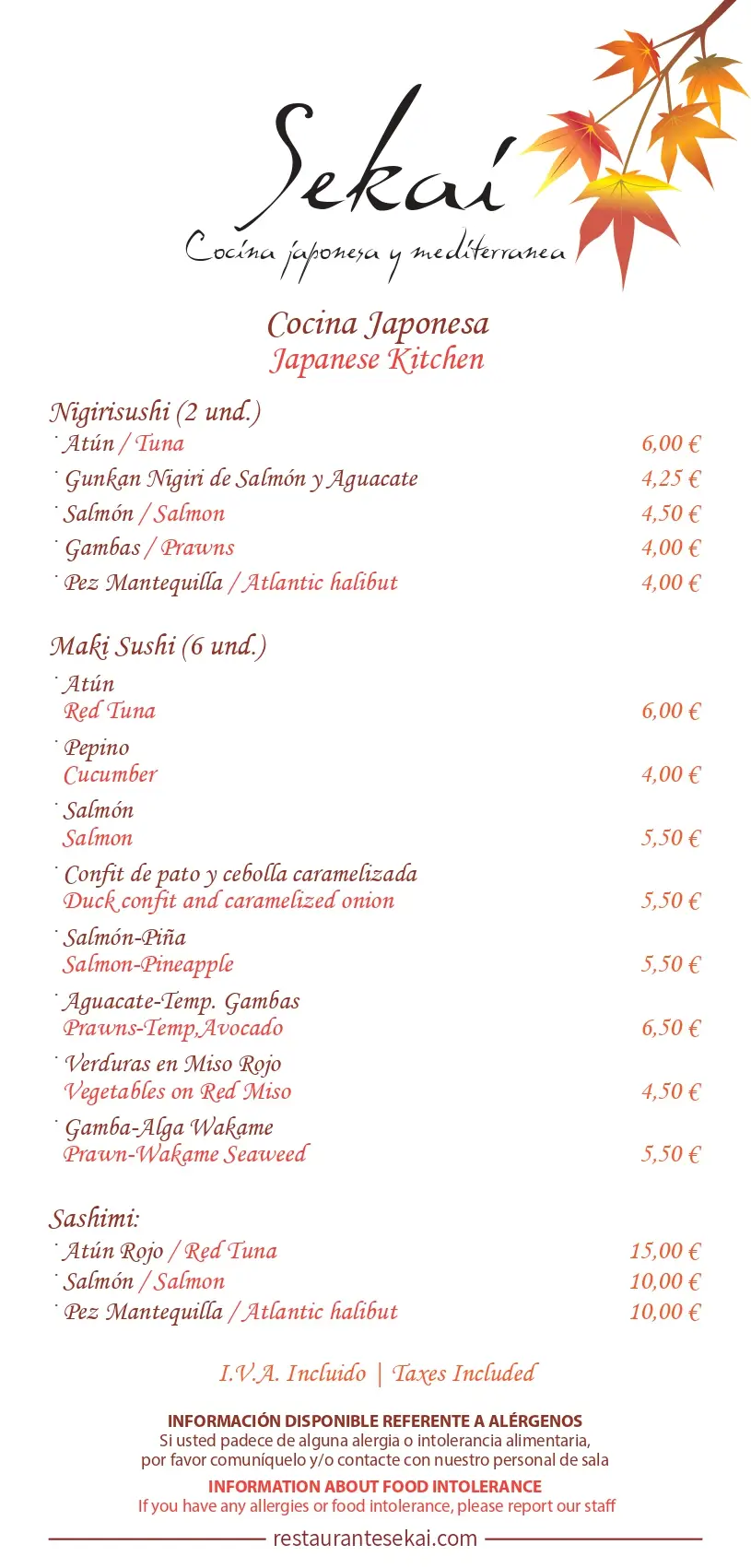 Carta (página 1) de Restaurante Sekai en Nerja