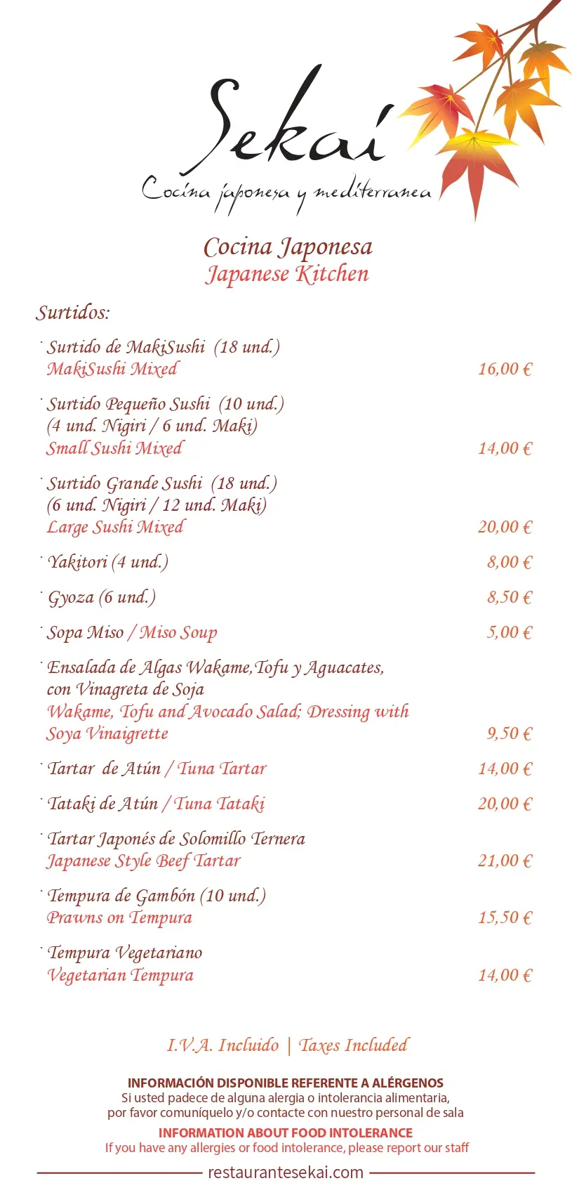 Carta (página 2) de Restaurante Sekai en Nerja