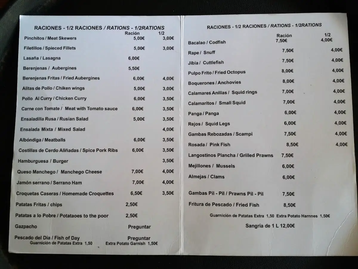 Carta de Bar Turry en Nerja