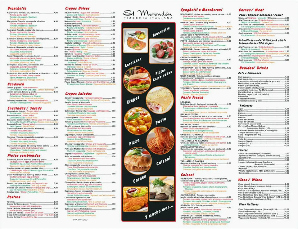 Carta de Pizzería El Merendón en Nerja