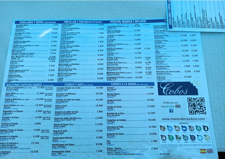 Carta de Merendero Cobos en Nerja