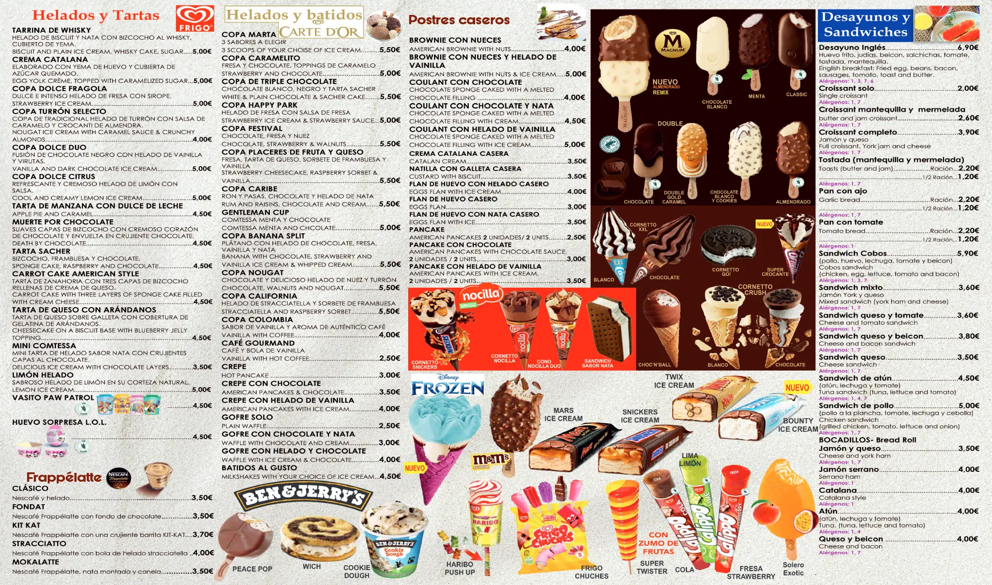 Carta de postres de Merendero Cobos en Nerja