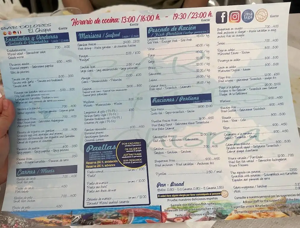 Carta de Bar Dolores El Chispa en Nerja