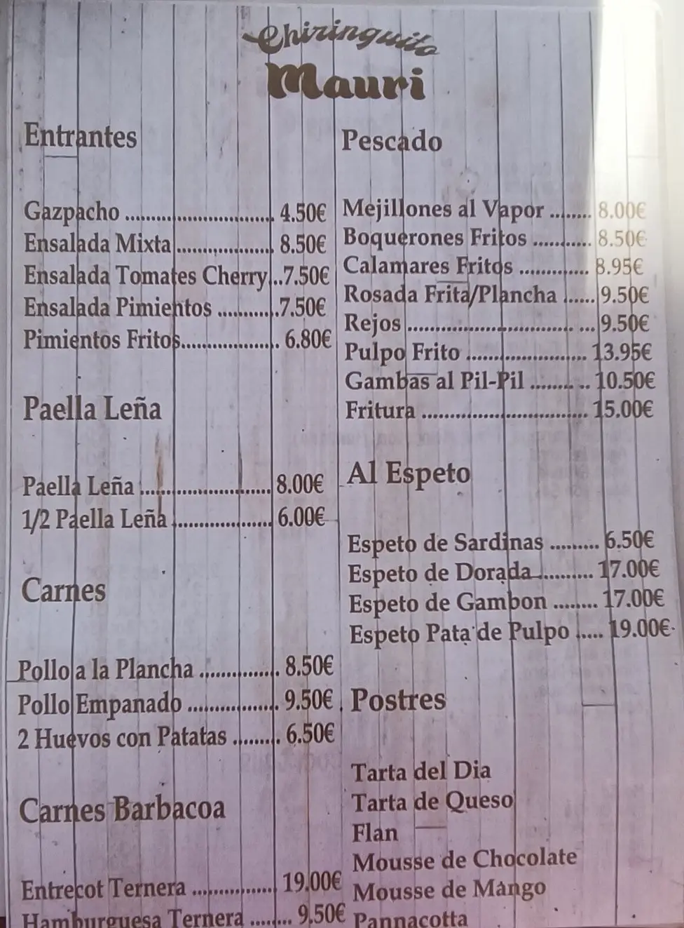 Carta de Chiringuito Mauri en Nerja