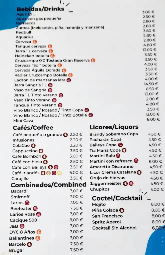 Carta de bebidas de Chiringuito Playa Maro en Nerja