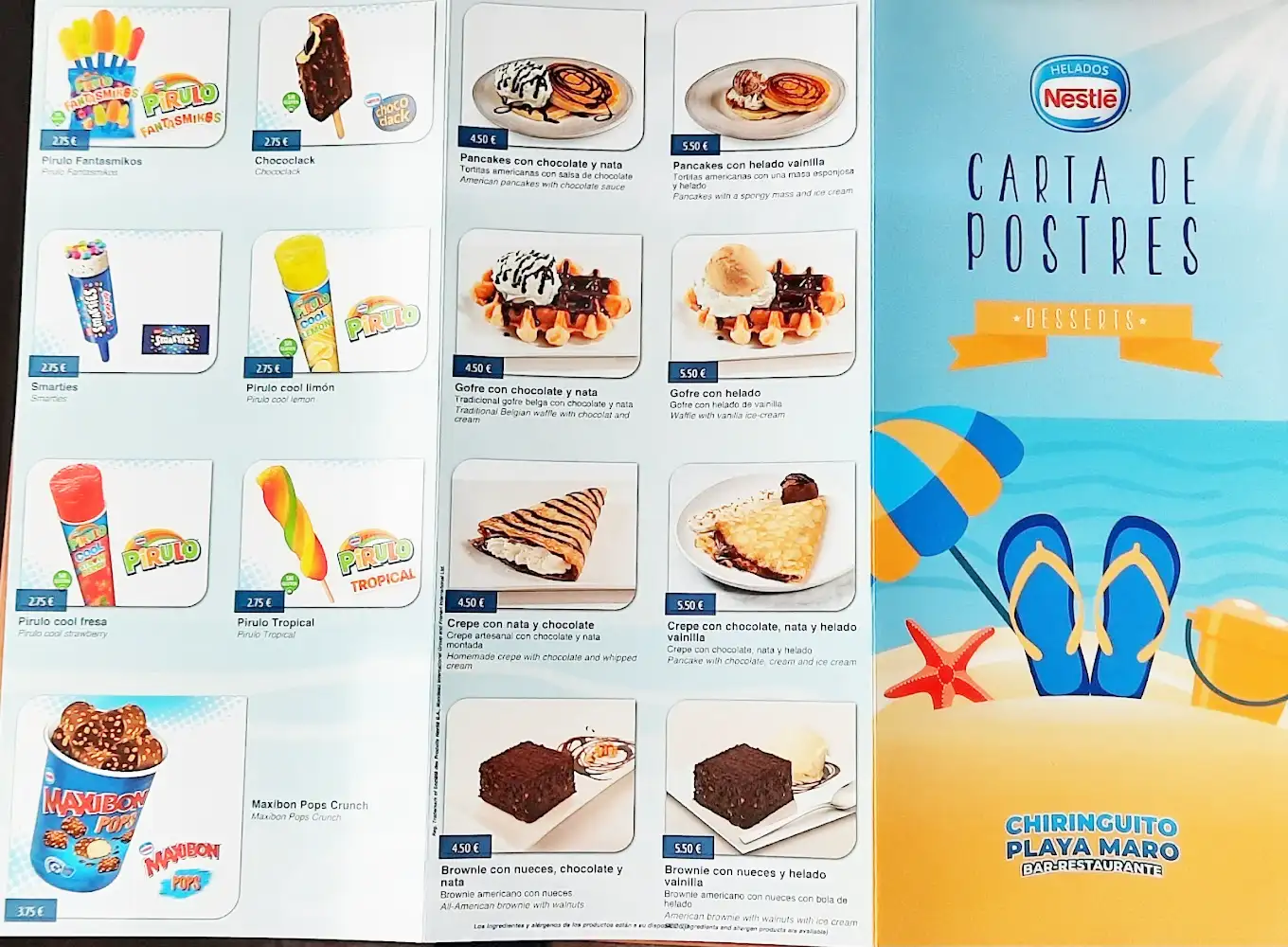 Carta de postres de Chiringuito Playa Maro en Nerja