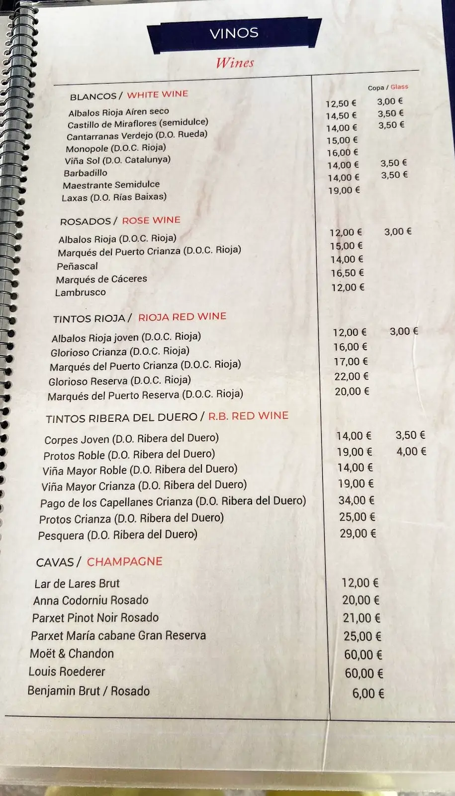 Carta de bebidas de Restaurante Cafetería Hermes en Nerja
