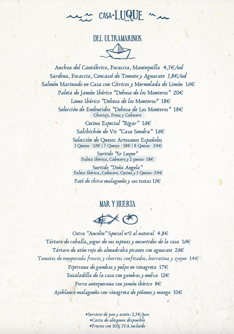 Carta (página 1) de Casa Luque Restaurant en Nerja