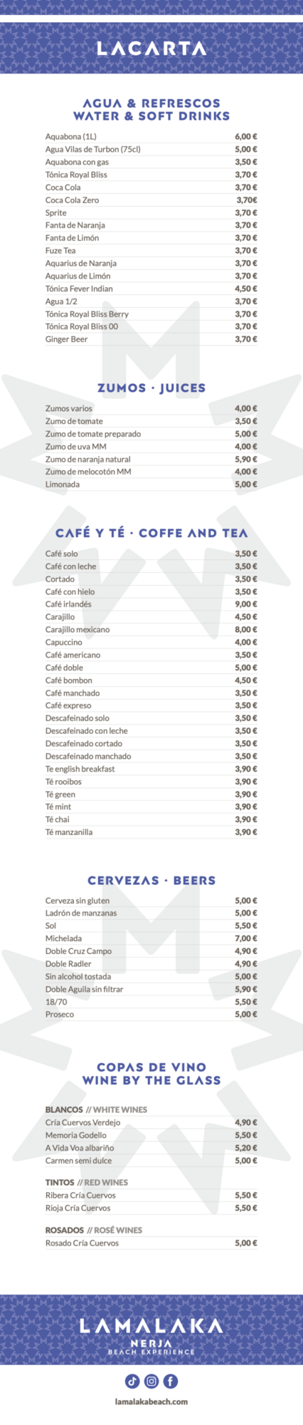 Carta de bebidas de Restaurante La Malaka (Beach Club) en Nerja