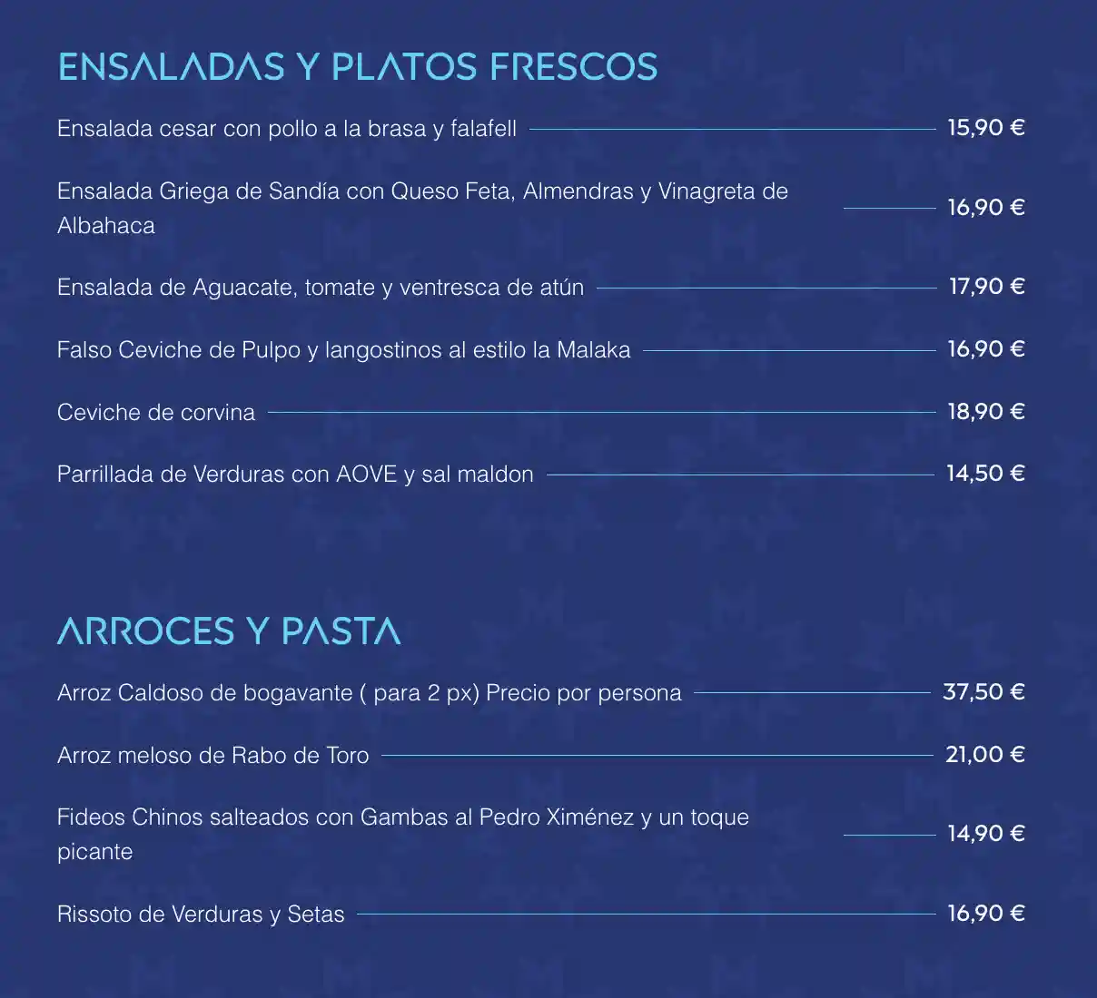 Entradas y pastas de Restaurante La Malaka (Beach Club) en Nerja