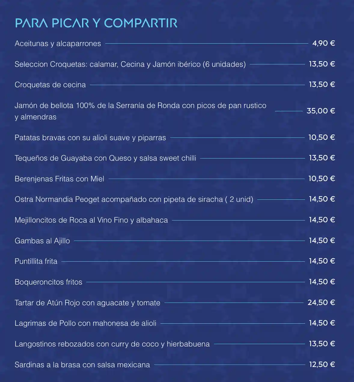 Carta de Restaurante La Malaka (Beach Club) en Nerja